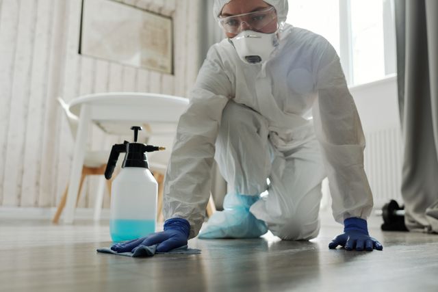 Person in protective suit cleaning a floor indoors to prevent virus spread.