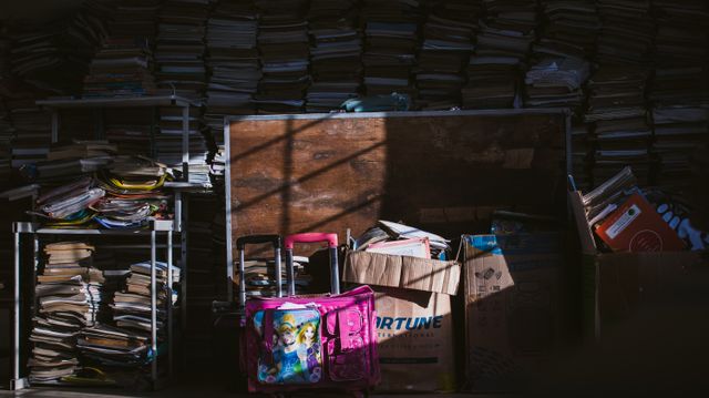 A dimly lit room with stacks of books and boxes, casting dramatic shadows.